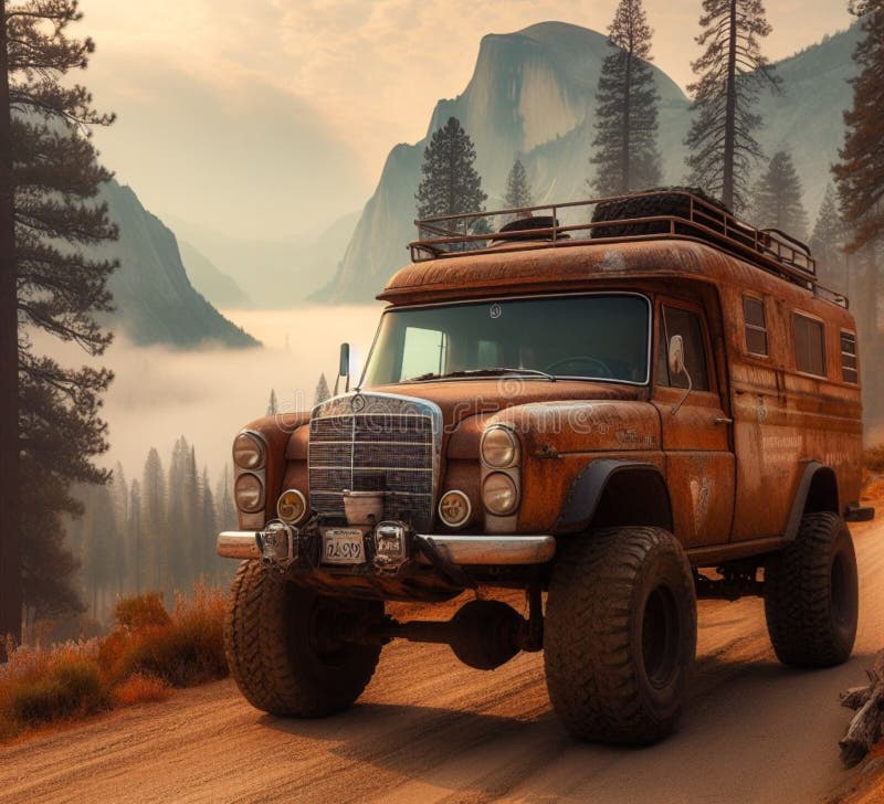 ржавая грязь на бездорожье 4x4 поднят винтажный кемпер конверсия джип высадка на горных дорогах иллюстрация штока