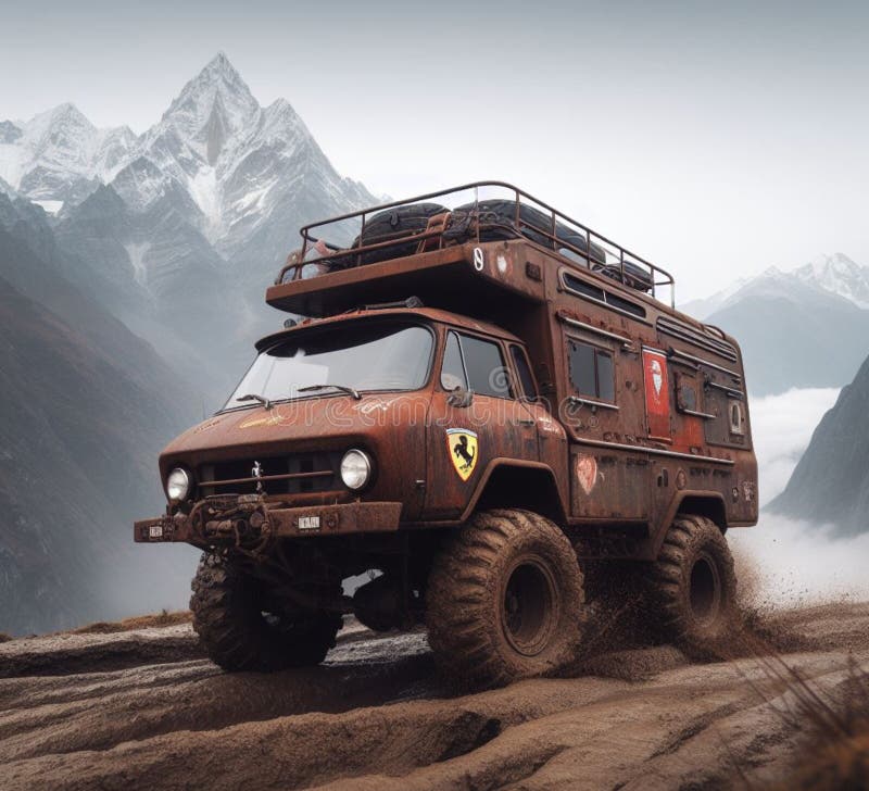 ржавая грязь на бездорожье 4x4 поднят винтажный кемпер конверсия джип высадка на горных дорогах иллюстрация вектора
