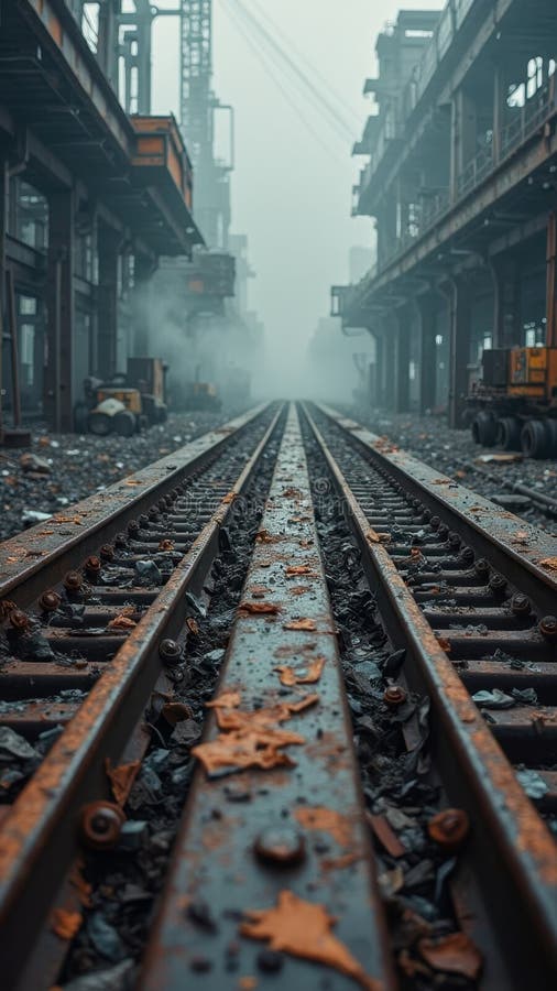 Ржавые рельсы среди туманного промышленного ландшафта стоковая фотография rf