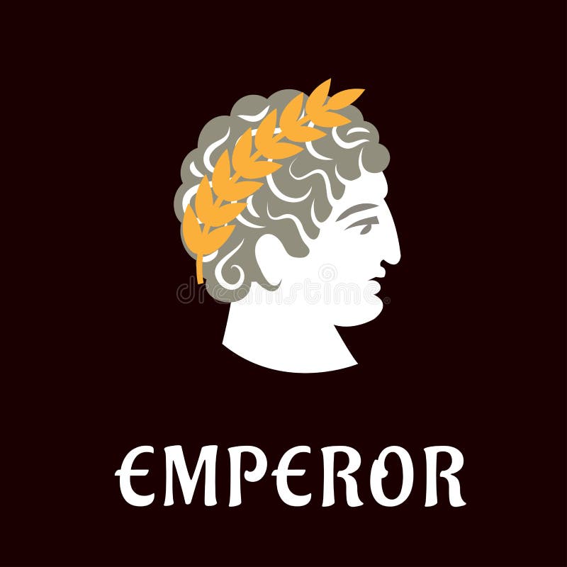 Roman emperor Julius Caesar head profile with golden laurel wreath on dark brown background with caption Emperor below, flat style. Roman emperor Julius Caesar head profile with golden laurel wreath on dark brown background with caption Emperor below, flat style