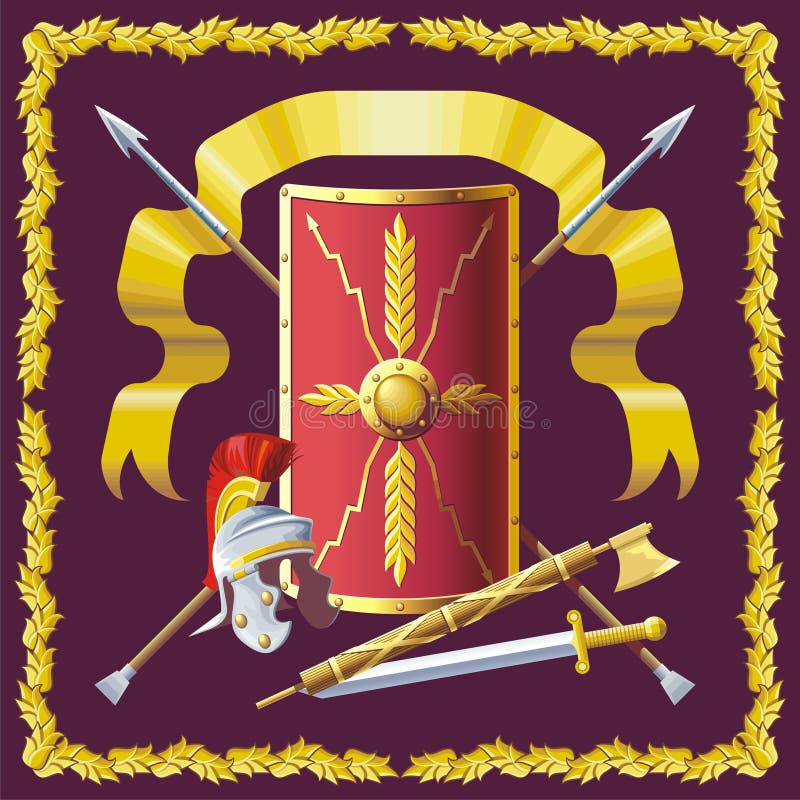 Background with Roman helmet, badge, sword and spears. Background with Roman helmet, badge, sword and spears.