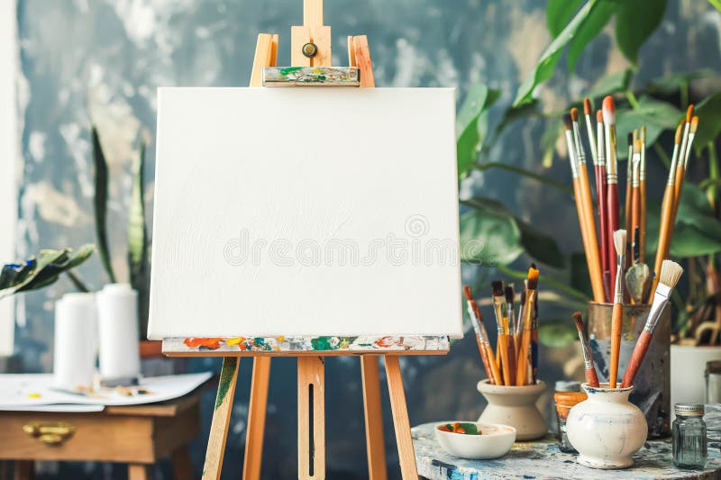 Рисование станка с чистым белым холстом, кисти и инструменты рисования иллюстрация вектора