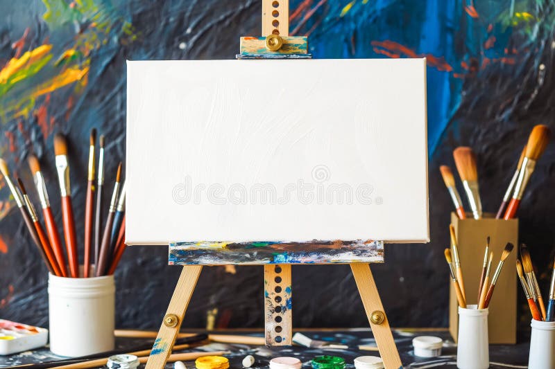 Рисование станка с чистым белым холстом, кисти и инструменты рисования бесплатная иллюстрация