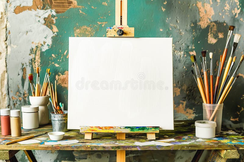 Рисование станка с чистым белым холстом, кисти и инструменты рисования бесплатная иллюстрация