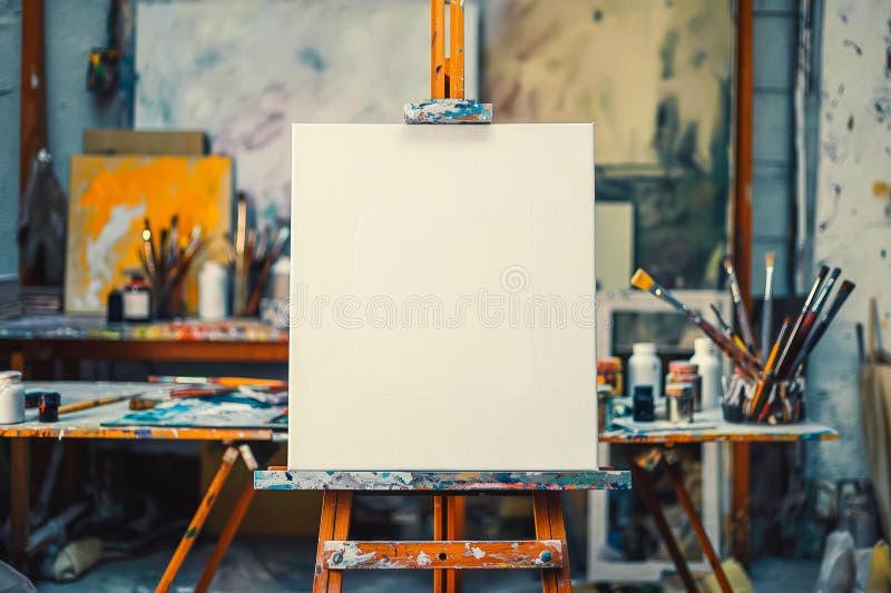 Рисование станка с чистым белым холстом, кисти и инструменты рисования иллюстрация вектора