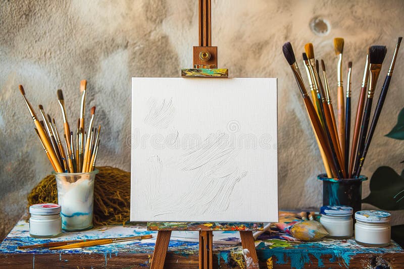 Рисование станка с чистым белым холстом, кисти и инструменты рисования иллюстрация вектора