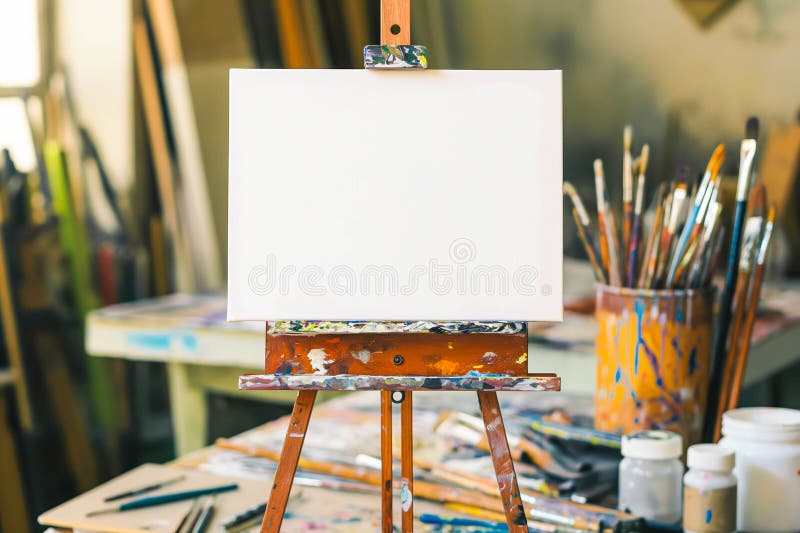 Рисование станка с чистым белым холстом, кисти и инструменты рисования иллюстрация штока