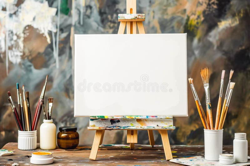 Рисование станка с чистым белым холстом, кисти и инструменты рисования иллюстрация штока