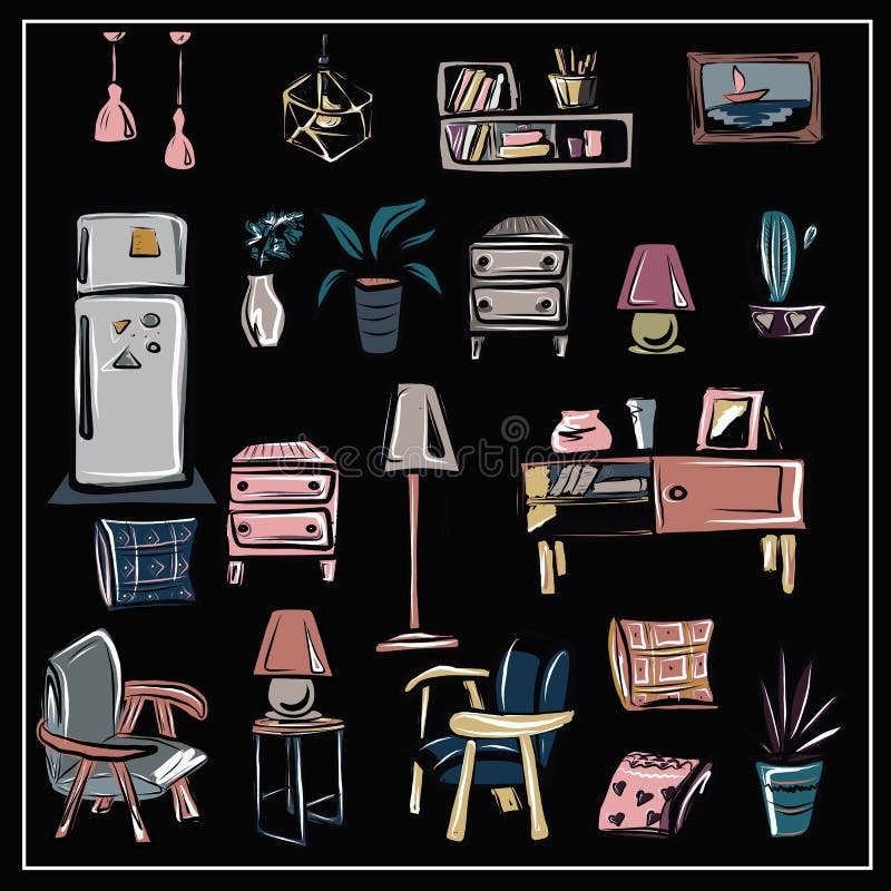 Painting with a set of isolated images of furniture and household items on a white background. Refrigerator, lamps, chandeliers, floor lamp, chests of drawers, cabinet, shelf, pillows, chairs. Painting with a set of isolated images of furniture and household items on a white background. Refrigerator, lamps, chandeliers, floor lamp, chests of drawers, cabinet, shelf, pillows, chairs.