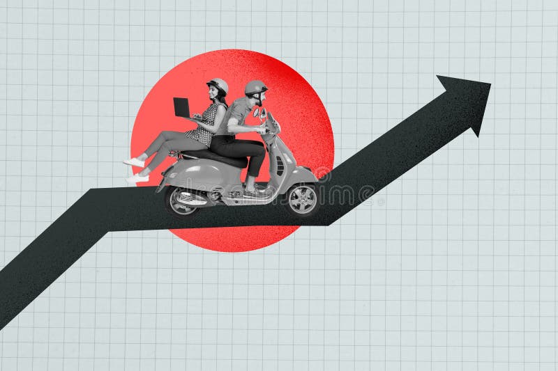 Рисунок современный фотоколлаж счастливой бизнес-леди мужчина водить vespa мопеда стрелка развития статистика прогресс стоковая фотография