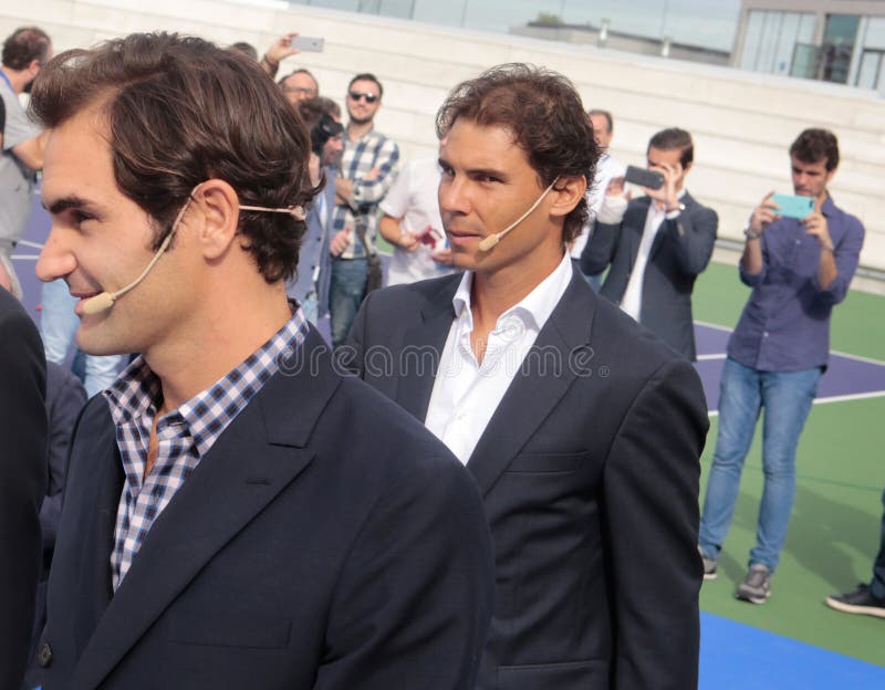 Роджер Federer и Rafa Nadal приезжают на отверстие академии Nadal стоковая фотография rf