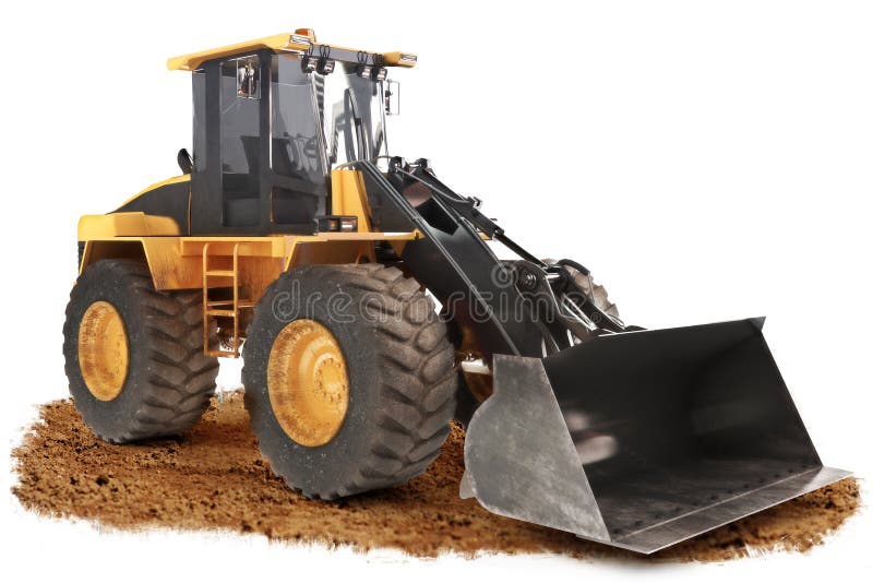 Generic construction bulldozer loader excavator construction machinery equipment positioned on dirt with a white background. Generic construction bulldozer loader excavator construction machinery equipment positioned on dirt with a white background