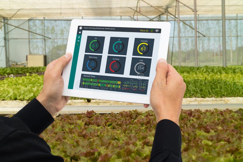 Робот 4 индустрии Iot умный 0 концепций земледелия, промышленный agronomist, фермер используя таблетку для того чтобы контролиров стоковое фото rf