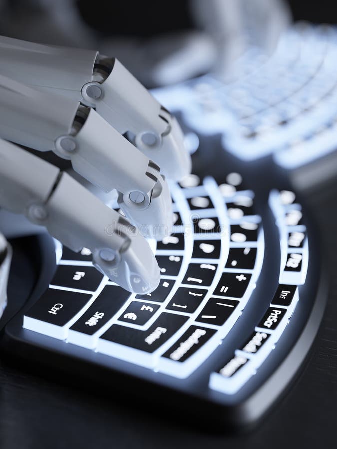 Robot typing on conceptual futuristic self-illuminated keyboard. Robot typing on conceptual futuristic self-illuminated keyboard