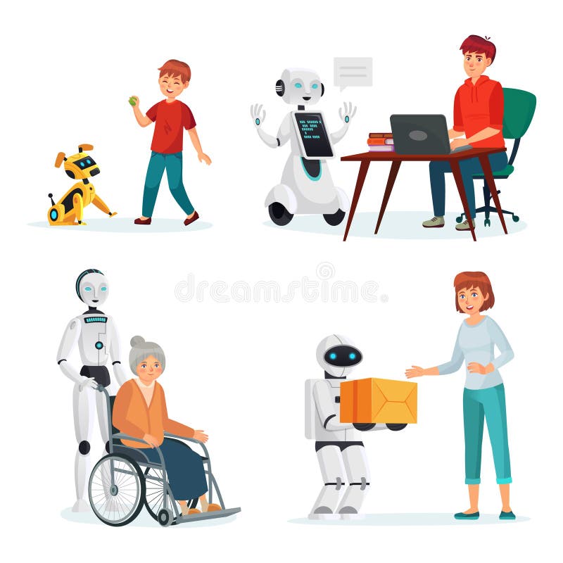 Роботы взаимодействуют с людьми в разных ситуациях иллюстрация штока