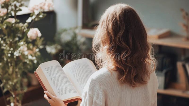 Ровно женщина мирно читает дома книгу иллюстрация вектора