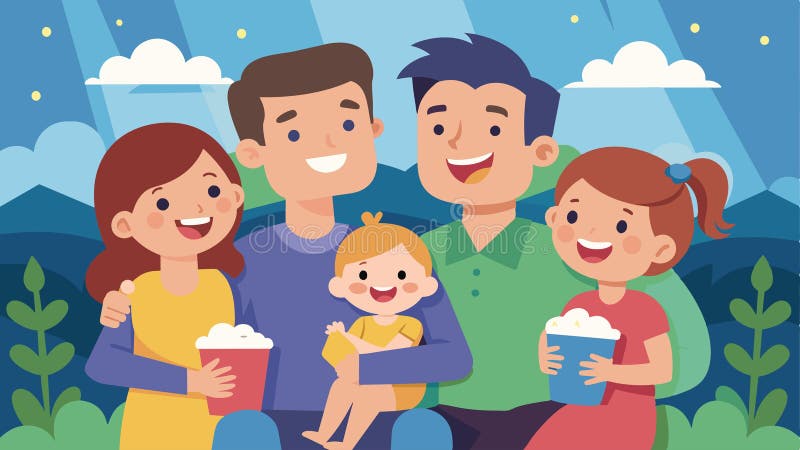родители держат своих детей рядом, когда они наслаждаются семейным анимационным фильмом, распространяющим радость и смех по всему бесплатная иллюстрация