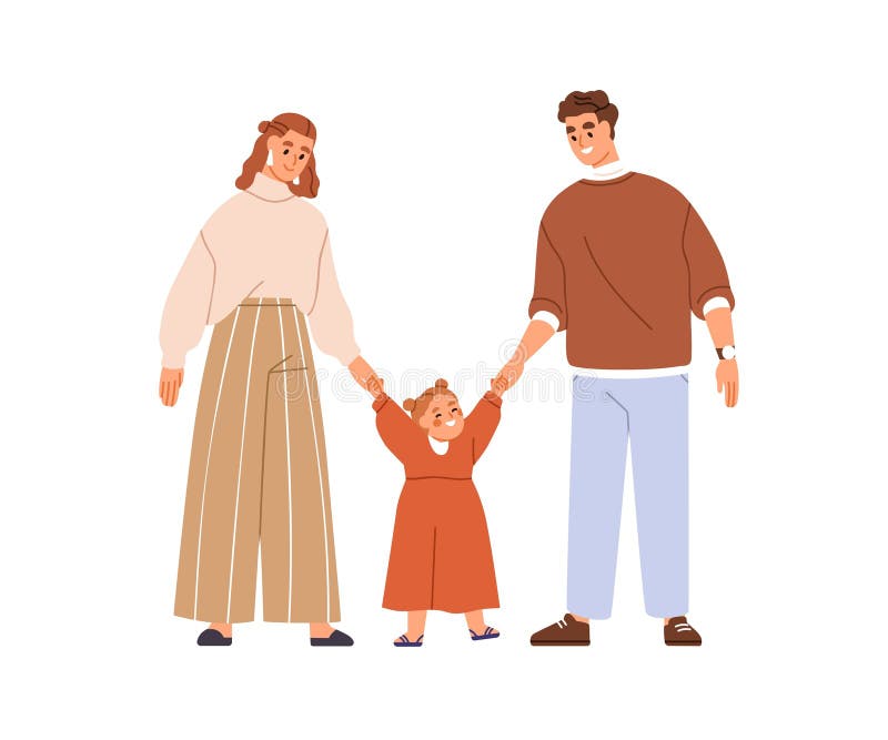 родители и девочки. отец и дочь держатся за руки. счастливый. мама и папа учат помогать иллюстрация штока