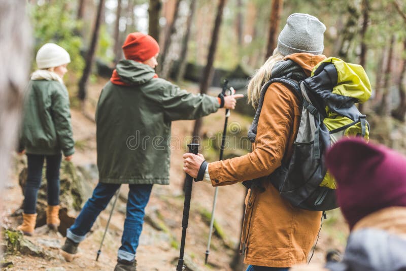 Родители и дети trekking в лесе стоковое изображение rf
