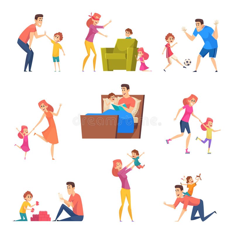 Родители и дети. Самое время дети в счастливой матери, отца семьи, играя с персонажами вектора сына и дочь иллюстрация вектора