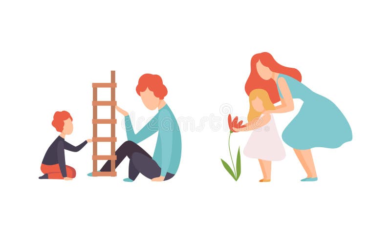 родители и их дети проводят время вместе, играя в jenga и наблюдая за вектором цветов иллюстрация штока