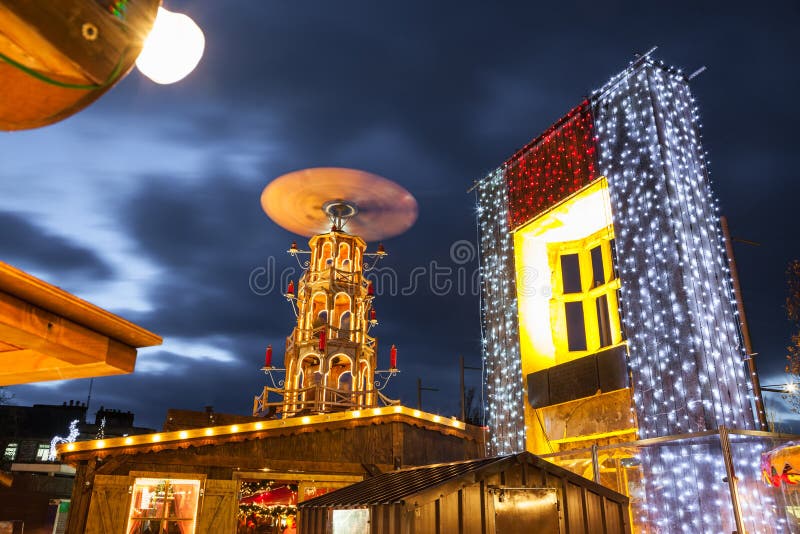 Christmas market illuminated at night in Galway, Ireland. Detail. Christmas market illuminated at night in Galway, Ireland. Detail