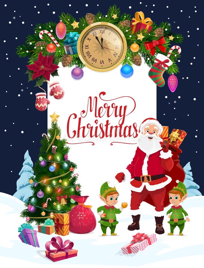 Рождественский эльф, Санта и подарки поздравительная открытка xmas иллюстрация штока