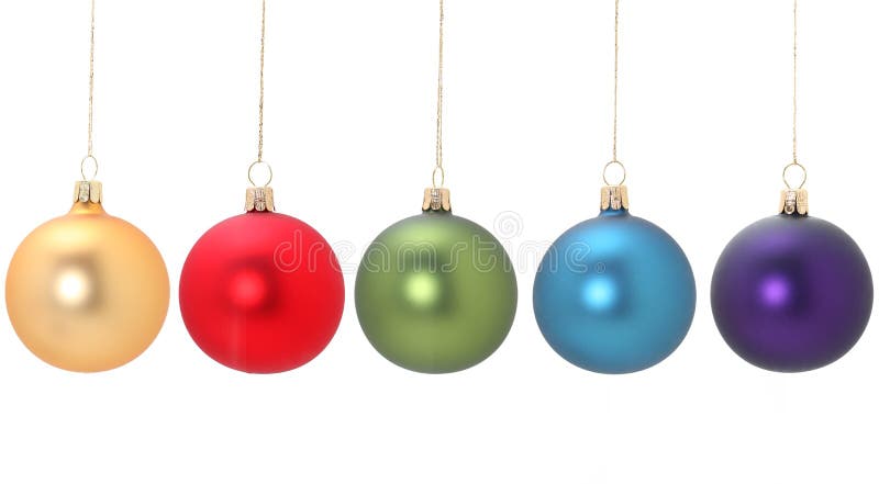 Five different colored christmas balls hanging from golden thread, Gold/Yellow, Red, green, blue, violet, shot in studio isolated on white. Perfect for your holiday designs or ads. Five different colored christmas balls hanging from golden thread, Gold/Yellow, Red, green, blue, violet, shot in studio isolated on white. Perfect for your holiday designs or ads