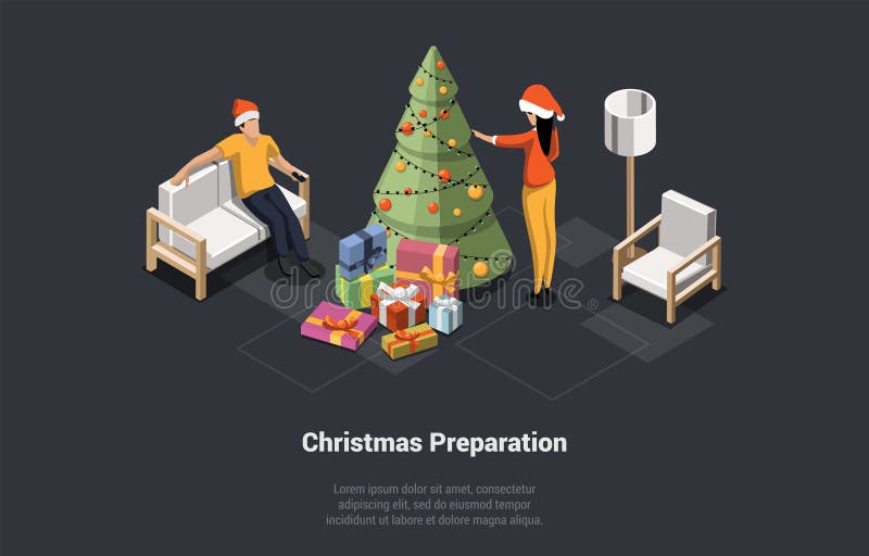 рождество дома уютная атмосфера. xmas празднование волшебная атмосфера семейная пара в гостиной с диваном и много бесплатная иллюстрация