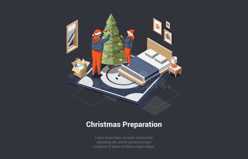 рождество дома уютная атмосфера. xmas празднование волшебная атмосфера семейная пара или отец и сын в спальне с кроватью иллюстрация вектора