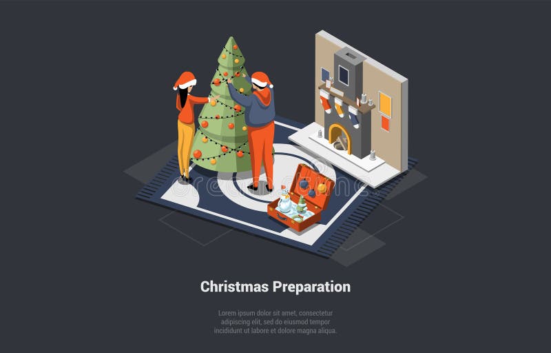 рождество дома уютная атмосфера. xmas празднование волшебная атмосфера семейная пара в гостиной у камина с иллюстрация штока