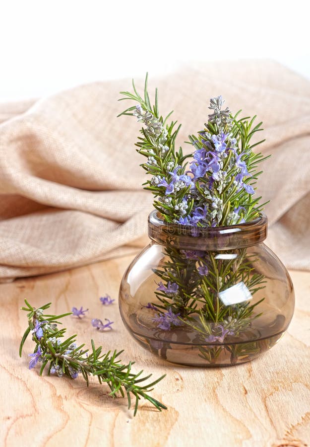 Rosemary herb flower in a glass bowl. Rosemary herb flower in a glass bowl