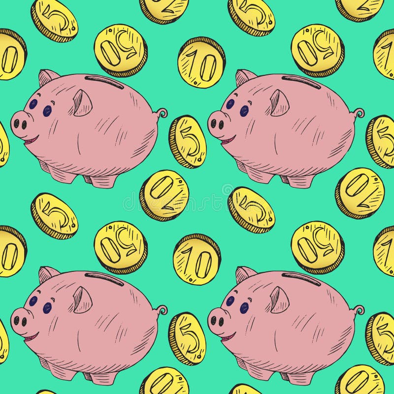 Розовая копилка с золотыми монетками льет в ее, эскиз doodle руки вычерченный, безшовный дизайн картины на яркое ом-зелен бесплатная иллюстрация Розовая копилка с золотыми монетками льет в ее, эскиз doodle руки вычерченный, безшовный дизайн картины на яркое ом-зелен бесплатная иллюстрация