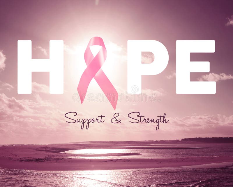Breast cancer awareness design with hope text quote and ribbon over pink beach landscape background. Breast cancer awareness design with hope text quote and ribbon over pink beach landscape background.
