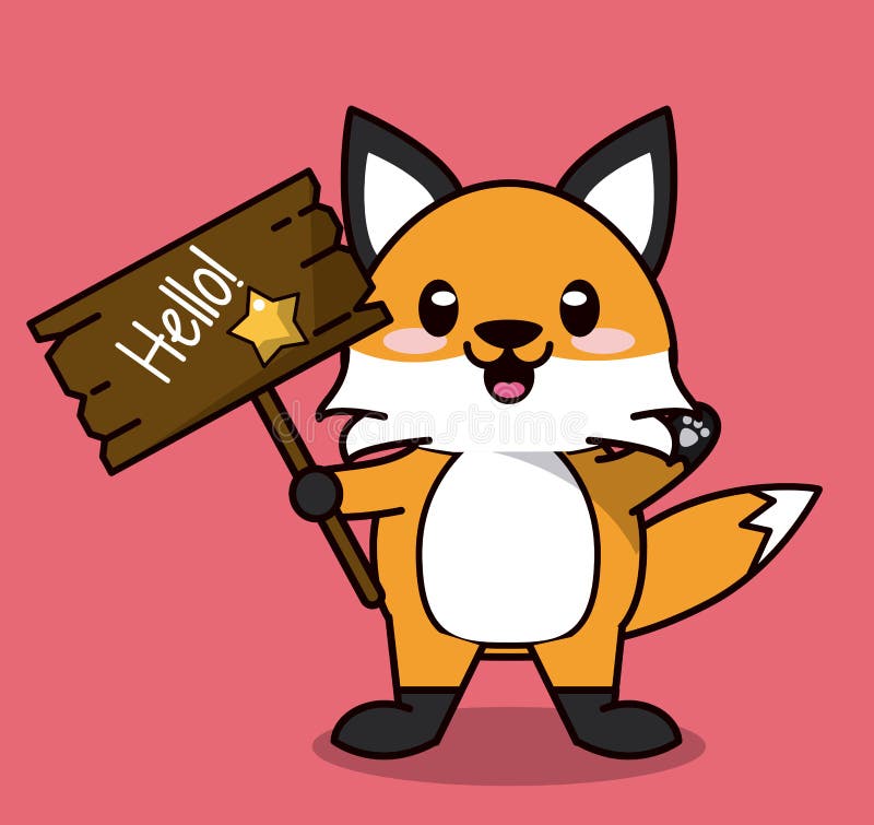 Розовая предпосылка цвета при лиса милого kawaii животная стоя с деревянным знаком здравствуйте! иллюстрация вектора