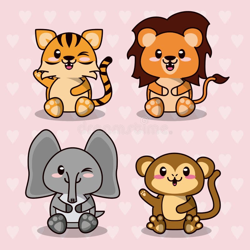 Розовая предпосылка цвета с силуэтами сердец с милыми дикими животными kawaii иллюстрация штока