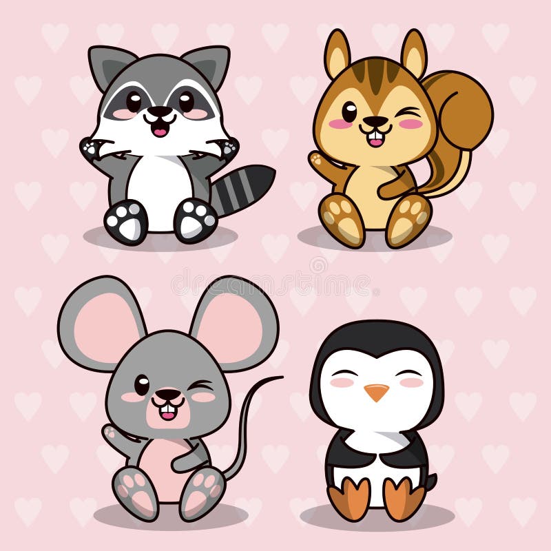 Розовая предпосылка цвета с силуэтами сердец с милыми животными kawaii бесплатная иллюстрация