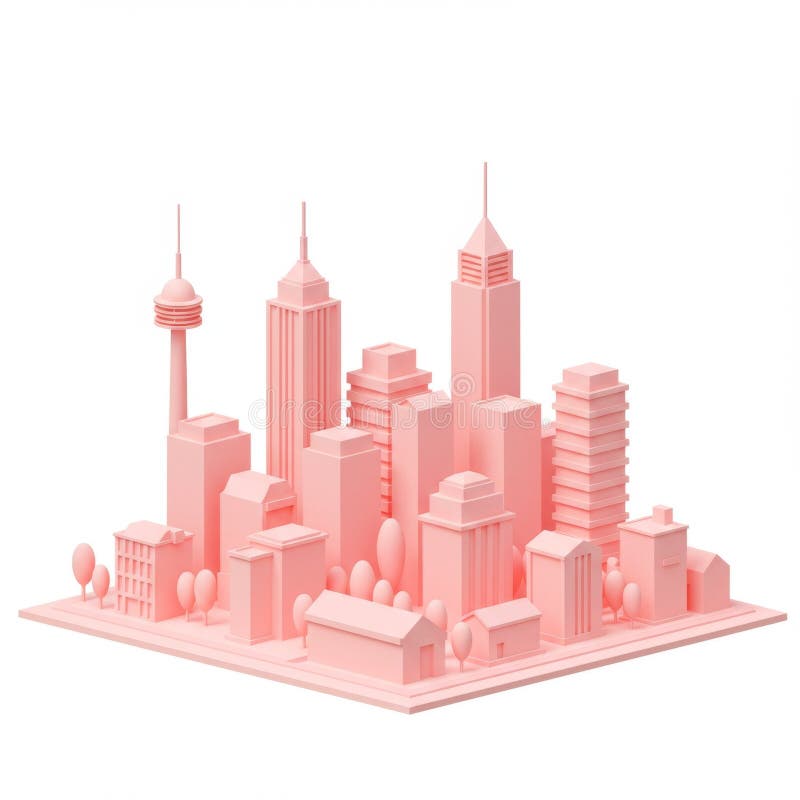 Розовый Cityscape : Минималистская трехмерная модель иллюстрация штока