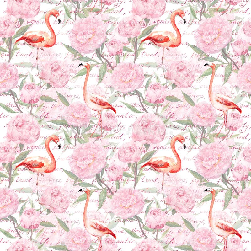 Pink flamingo birds with peony flowers and hand written text. Vintage floral seamless pattern. Watercolor. Pink flamingo birds with peony flowers and hand written text. Vintage floral seamless pattern. Watercolor