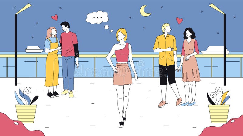 Романтические отношения датинг концепцию люди. Пара в любви тратить время на набережной с романтическим видом на океан бесплатная иллюстрация