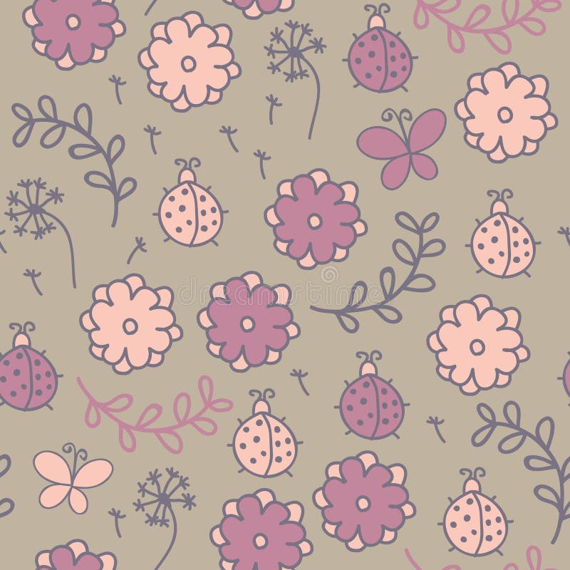 Романтичная безшовная картина с ladybugs, цветки иллюстрация штока