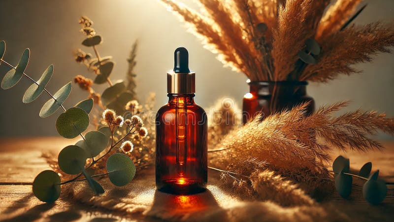 роскошная бутылка из янтарного стекла, лежащая на кровати с сушеным эвкалиптом иллюстрация штока