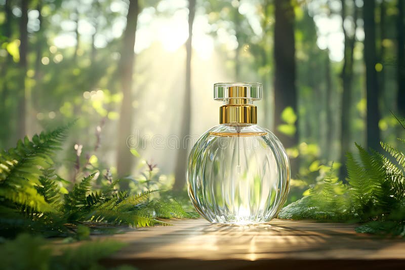 Роскошная парфюмерная бутылка янтарного цвета на деревянной платформе в загородном стиле, расположенной в оживленном залитом солнц иллюстрация вектора