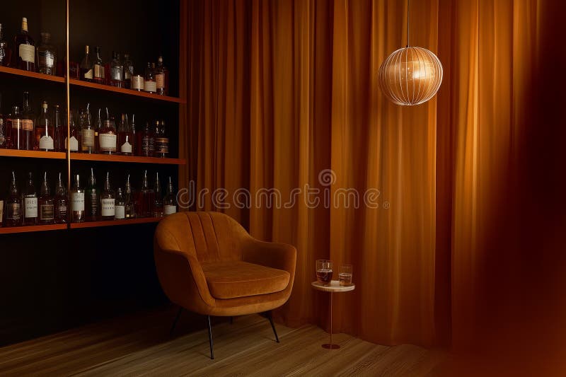 Роскошный отель Amber Lounge Setting с коллекцией Vintage Spirits, созданный с помощью универсальных инструментов ИИ иллюстрация штока