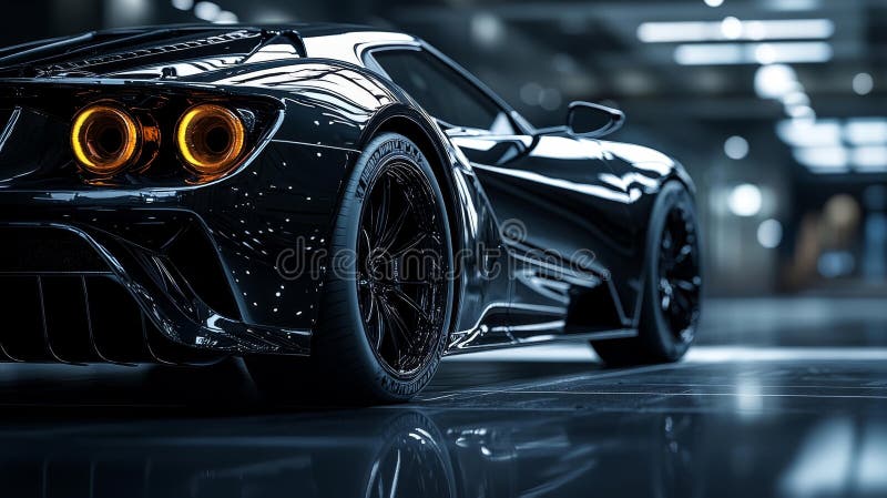 Роскошный черный спортивный автомобиль с отражающими элементами иллюстрация вектора
