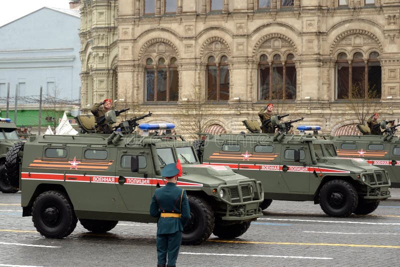 MOSCOW, RUSSIA-MAY 9, 2021:Russian multi-purpose armored car `Tiger-M` of the military police at the Victory Day parade on Moscow`s Red Square. MOSCOW, RUSSIA-MAY 9, 2021:Russian multi-purpose armored car `Tiger-M` of the military police at the Victory Day parade on Moscow`s Red Square