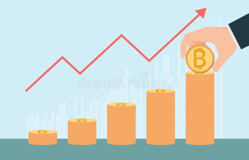 Рост Bitcoin схематический с стогами золотых монеток иллюстрация штока
