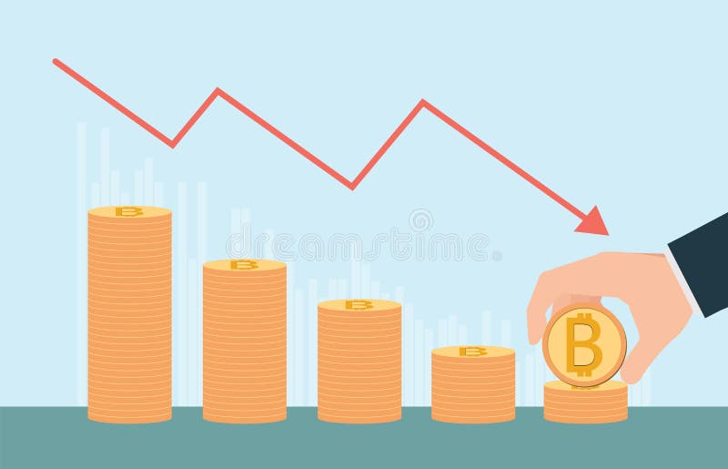 Рост Bitcoin схематический с стогами золотых монеток up or down i иллюстрация штока