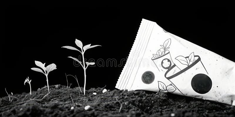Рост семян вблизи EcoFriendly Seed Packet с минималистичным дизайном в черно-белом режиме иллюстрация вектора