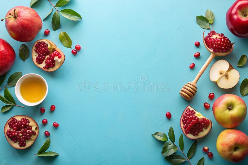 Рош Хашана (Rosh Hashanah) яблоки меда гранаты синий фон праздничная еда иллюстрация штока